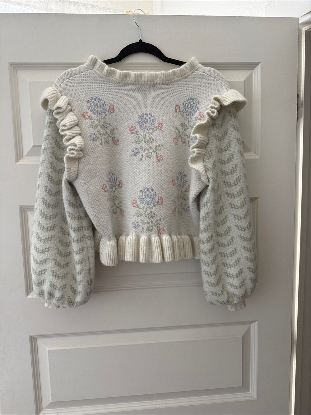 Ivory Ruffle Floral Knit Sweater - Cream Floral Crewneck - Picture 2 of 2
